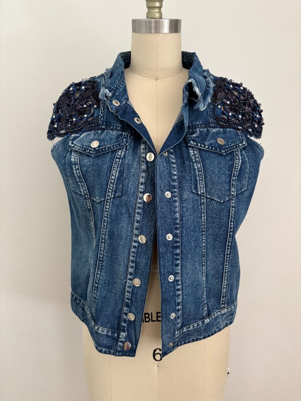 Adore Embellished Denim Vest Beaded Rhinestone Shoulder Distressed Jean Jacket S